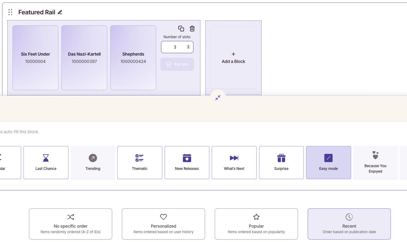 Automatic Recipe configuration with keyword include and exclude conditions and results ordering options