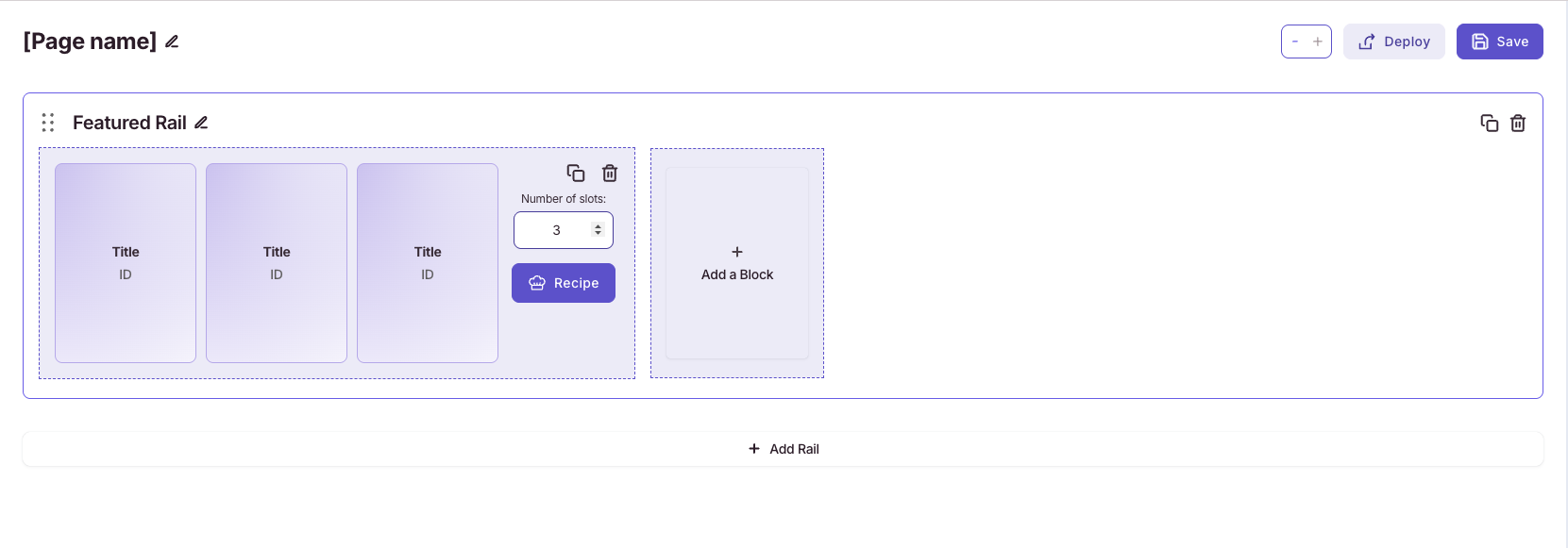 Mediagenix Curation page builder showing a Featured Rail with content slots and the Automatic Recipe panel