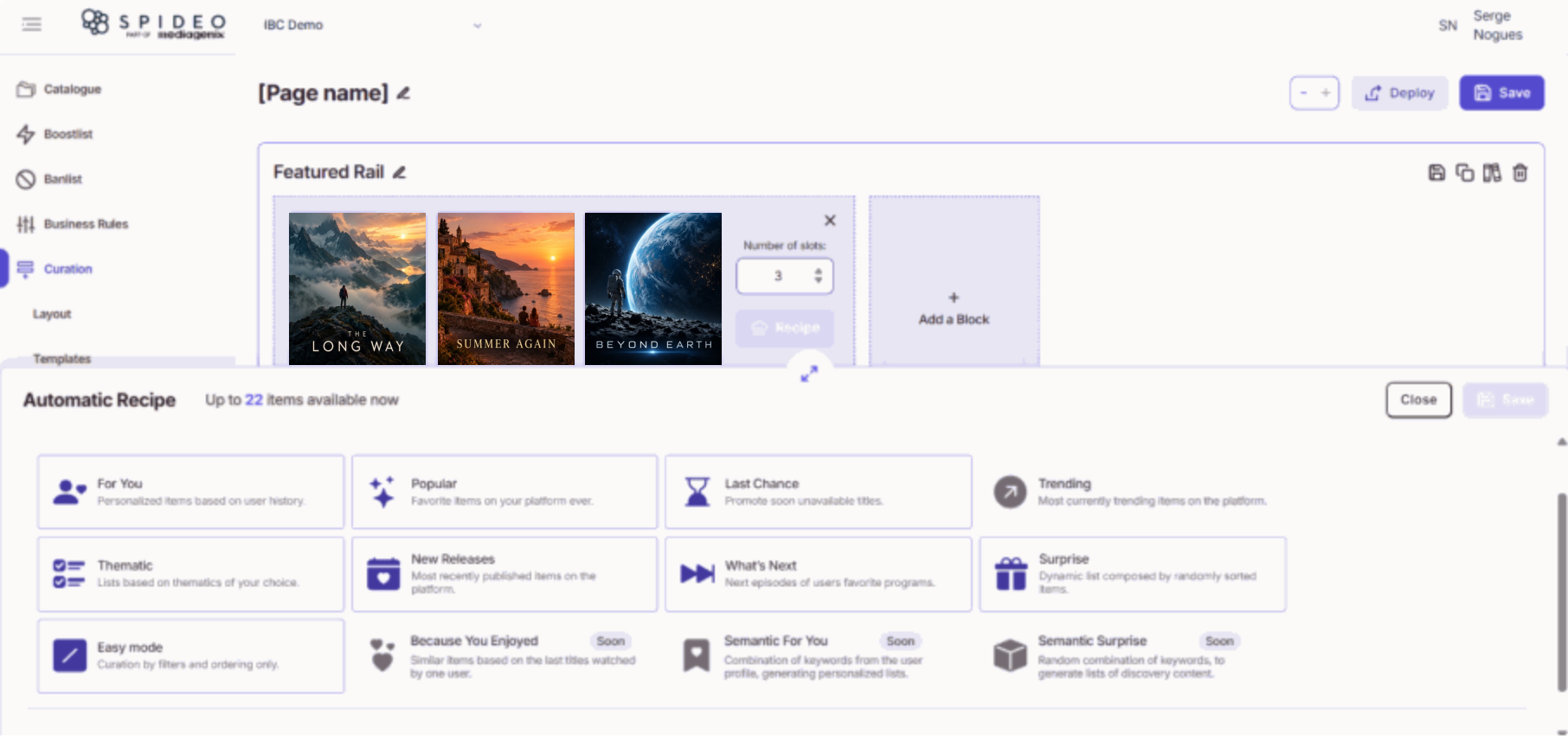 Mediagenix Curation page builder showing a featured rail with three movie titles and Automatic Recipe options